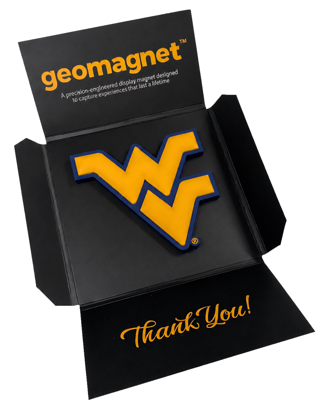 The WVU reveal package opened to display the Flying WV GeoMagnet